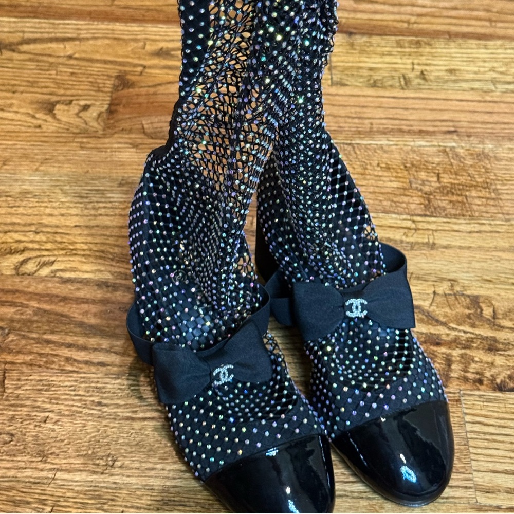 Chanel Knee high black lace crystal embellished boots